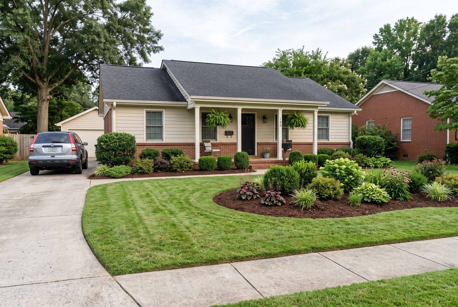 Front yard after landscaping service in Nicholson, GA: fresh mowed lawn, clean driveway edging, and mulched garden bed