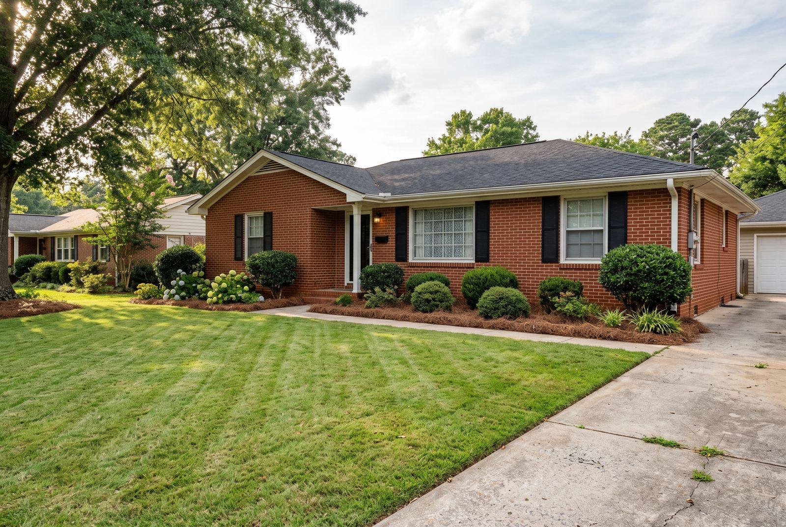 Residential front yard with mow stripes, trimmed foundation shrubs, and pine straw beds after landscaping service in Jackson County, GA