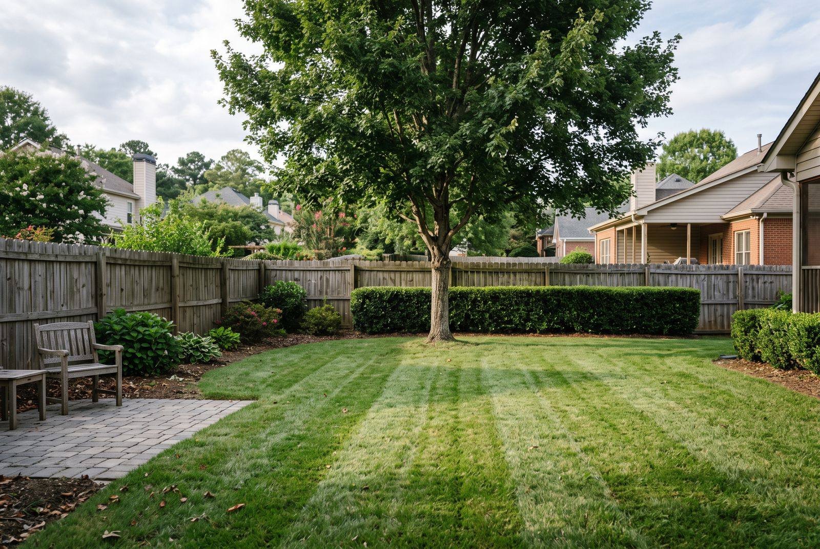 Backyard with mow stripes and a straight trimmed hedge along a privacy fence, lawn maintenance in Jefferson, GA
