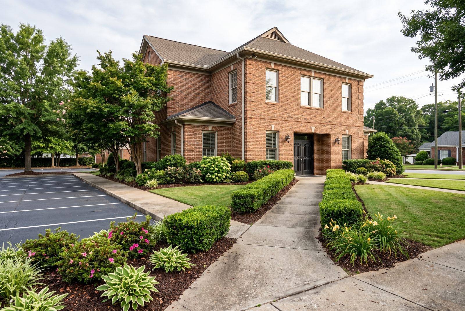 Small office building entrance with trimmed boxwood hedges and maintained lawn, commercial grounds maintenance in Jackson County, GA