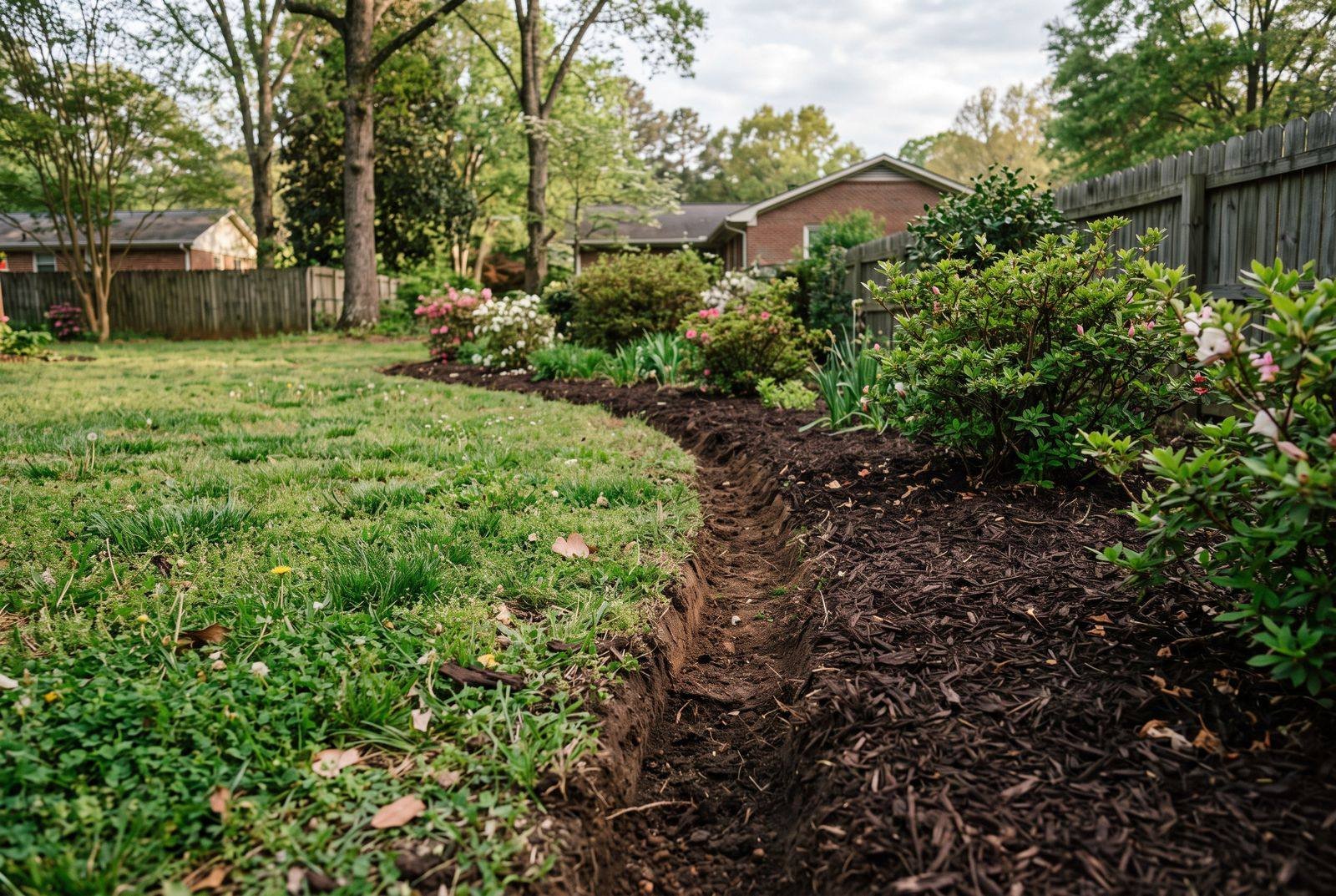 Close-up of a freshly spade-cut garden bed edge with hardwood mulch and trimmed azaleas in Pendergrass, GA