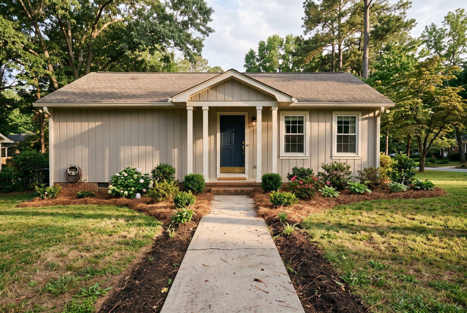 Front walkway with crisp lawn edging and pine straw beds leading to a porch, landscaping in Hoschton, GA