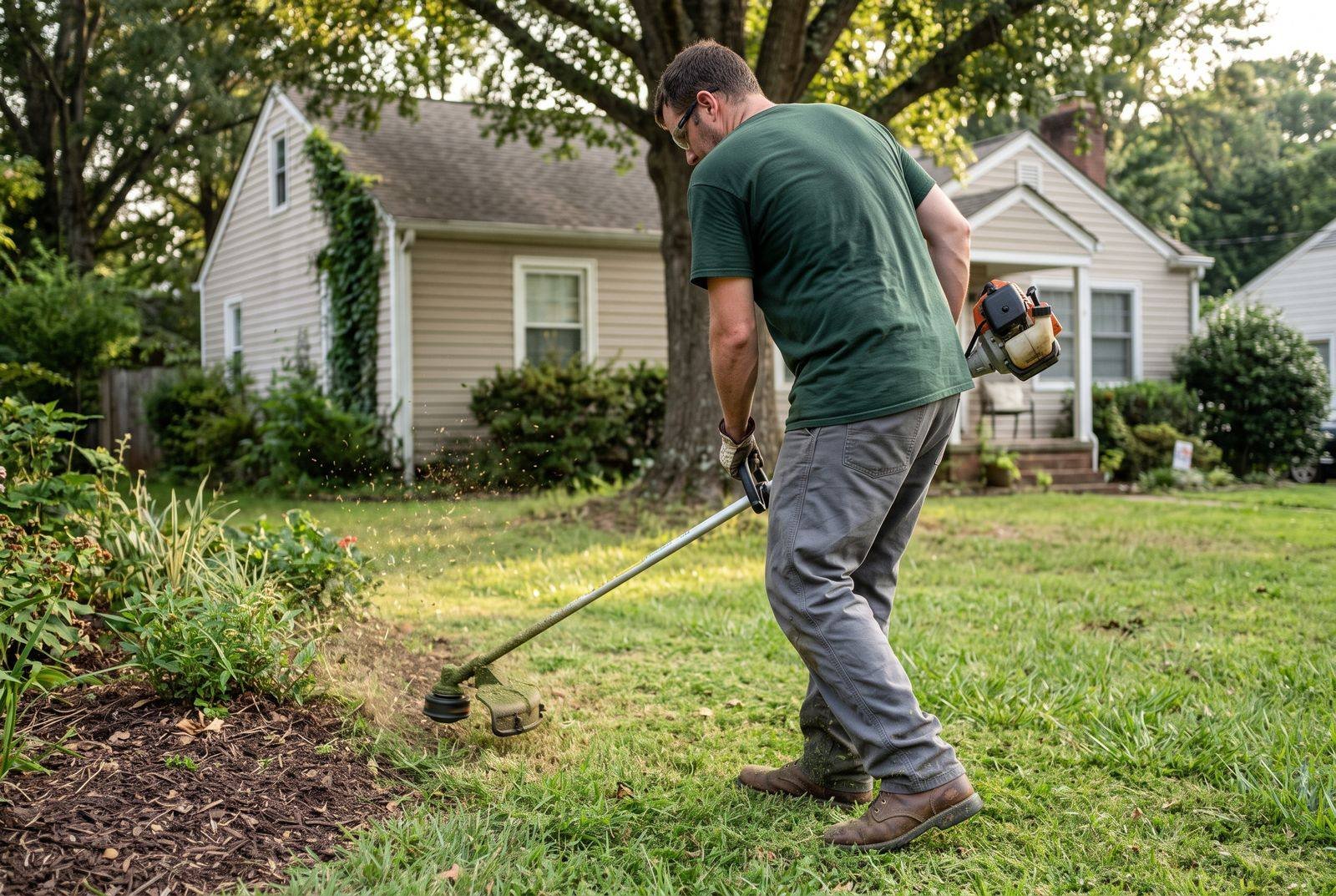 MyR Landscaping crew member edging a garden bed with a string trimmer at a home in Braselton, GA