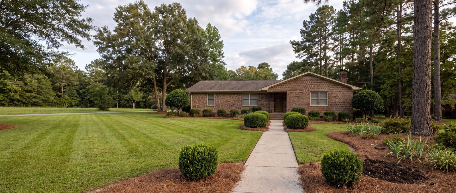 Brick ranch home in Nicholson, GA with a freshly mowed lawn, clean walkway edging, and trimmed shrubs by MyR Landscaping